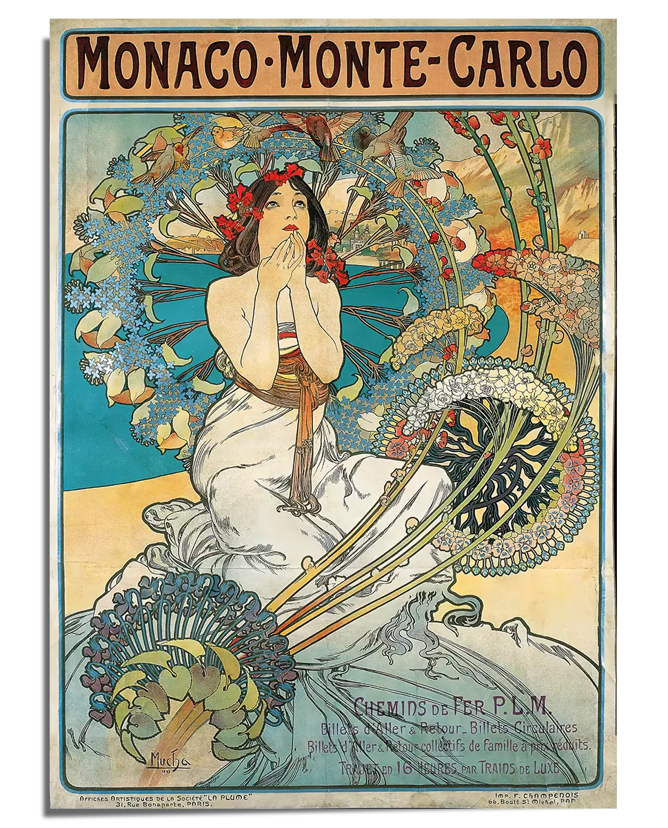 Alphonse Mucha Poster, Art Nouveau, Vintage Advertisement, Monaco Montecarlo Lithography