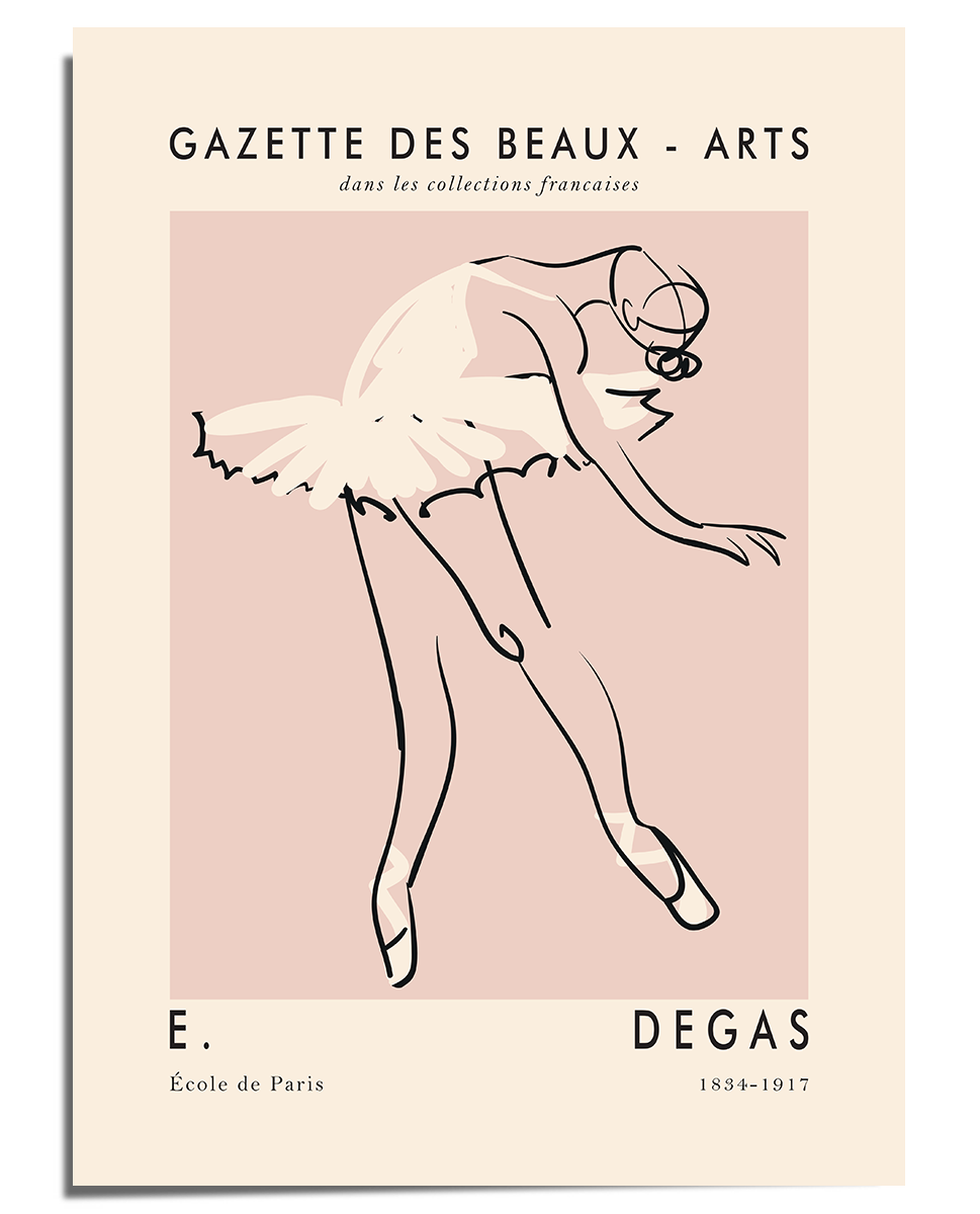 beige and pink poster, one line ballerina drawing illustration by Edgar Degas, famous painter, Ballerina print, Ballet Wall Art, Pink Ballet poster. Vintage French Ballet, 19th century, Ballet Print. Dance poster. 