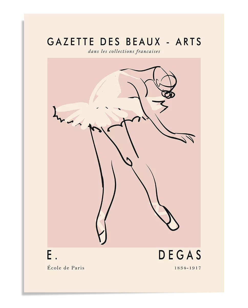 beige and pink poster, one line ballerina drawing illustration by Edgar Degas, famous painter, Ballerina print, Ballet Wall Art, Pink Ballet poster. Vintage French Ballet, 19th century, Ballet Print. Dance poster. 