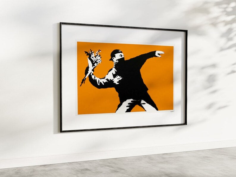 Banksy Flower Thrower Orange Poster, Pop Art Painting, Contemporary Graffiti, Modern Flowers Artwork, Banksy Wall Art, Street Art Decor