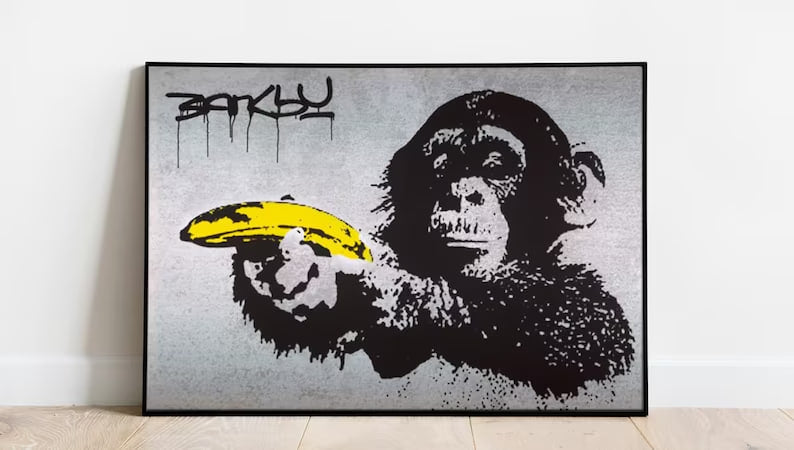 Banksy 'Monkey Detonator' Poster: Playful Urban Art, Black Monkey with Yellow Banana, Street Humor, Contemporary Wall Decor   Wall art, Vintage Poste, poster, housewarming gift, Gifts for sister, Gifts for mom, Gifts for girls, Gifts for friends, Gifts, Colorful Print, Banksy Print, Graffiti Art Print