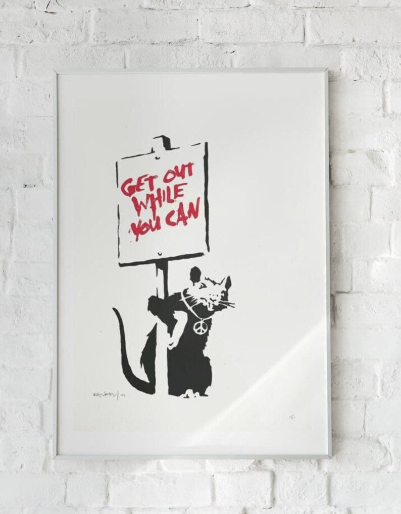 Banksy 'Peaceful Rebellion' Poster: Rat with Peace Sign Necklace, 'Get Out While You Can' Message, Urban Street Art Decor, LARGE SIZE PRINT  Wall art, print, Poster, Housewarming, Home decor, Girl, Art print, art, Aesthetic, Gifts, Vintage,Colorful Print, Banksy Print, Graffiti Art Print