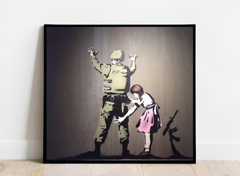 Banksy 'Search and Hope' Poster: Social Art Commentary, Girl in Pink Skirt Frisking Soldier, Street Art Protest, Thought-Provoking Wall Deco   Wall art, Vintage Poste, poster, housewarming gift, Gifts for sister, Gifts for mom, Gifts for girls, Gifts for friends, Gifts, Colorful Print, Banksy Print, Graffiti Art Print