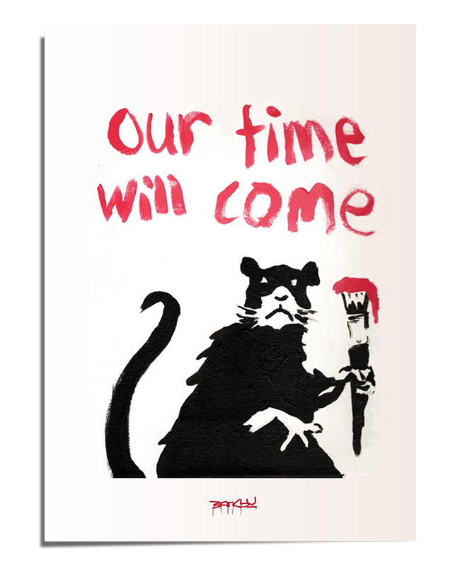 A black-and-white stencil-style artwork of a rat wearing a tattered robe, holding a paintbrush dripping in red. Above the rat, the phrase "Our Time Will Come" is written in bold red graffiti-style text. The minimalistic background highlights the striking contrast of the stencil and lettering
