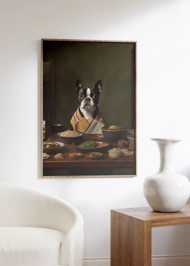 Elegant Boston Terrier Dinner Print | Whimsical Pet Art