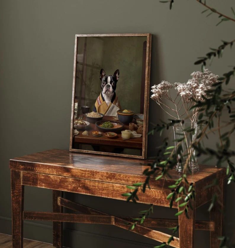 Boston Terrier portrait in traditional Japanese attire | Funy Art | Dark green | Vintage painting | Housewarming gift | HIGH QUALITY PRINT
