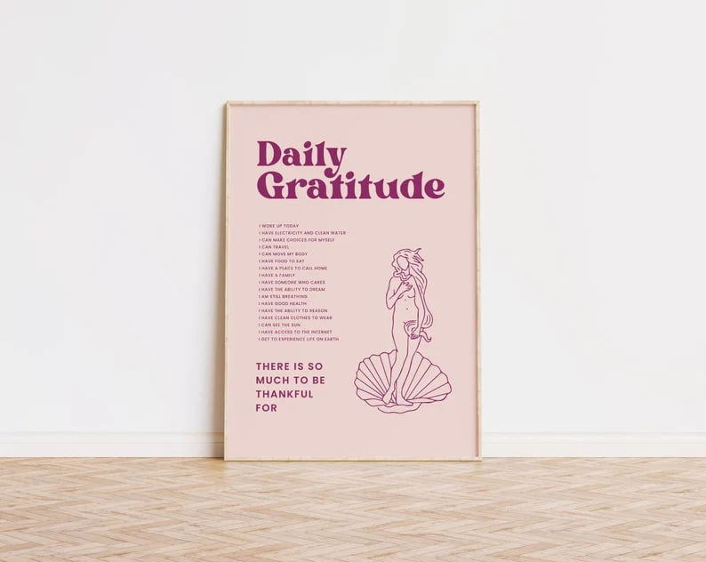 Daily Gratitude Poster | Selfhealjourney | Gratitude Quotes Print | HIGH QUALITY | Pink Retro | Wall Art Print Aesthetic | Home Gallery Wall