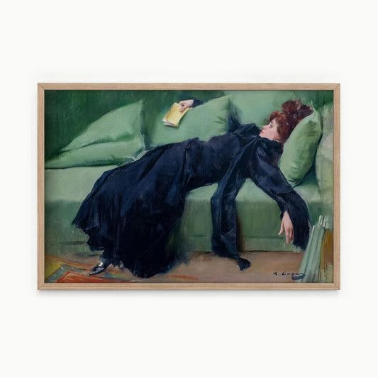 Decadent young woman after the dance Gift for friend Emerald green art Moody vintage portrait Ramon Casas Above sofa art High quality print