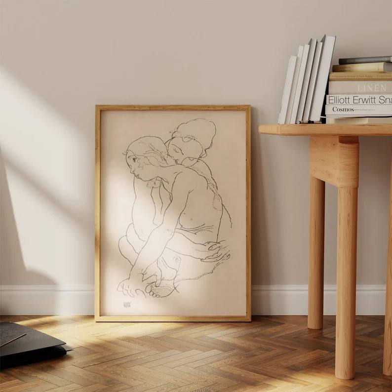 vintage poster, beige poster, gallery wall, famous art, egon schiele poster, Egon schiele woman, lesbian art, Sensual lesbian art, lesbian painting, mother daughter, baby gifts, Gifts for wife, Gifts for sister, Gifts for mom, Gifts for husband, Gifts for girls, Gifts for children, Gifts for girlfriend