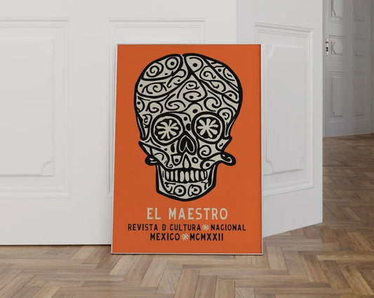 El Maestro Poster, Mexican Exhibition Print, Mexican Poster, Skull Vintage Poster, Skull Poster, Mexican Home Decor, Orange Wall Art