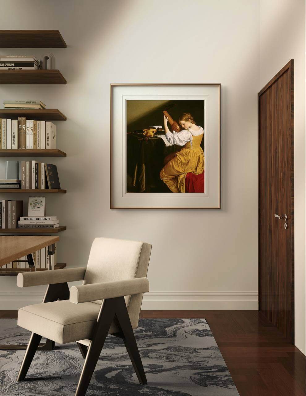 A modern interior setting with a beige chair and an abstract design rug in the foreground. The same poster of the painting "The Lute Player" by Orazio Gentileschi is framed and well-lit on the wall. To the left, there are shelves with books and decorative objects. This wall art poster is ideal for home decor, enhancing any room with timeless classical art.