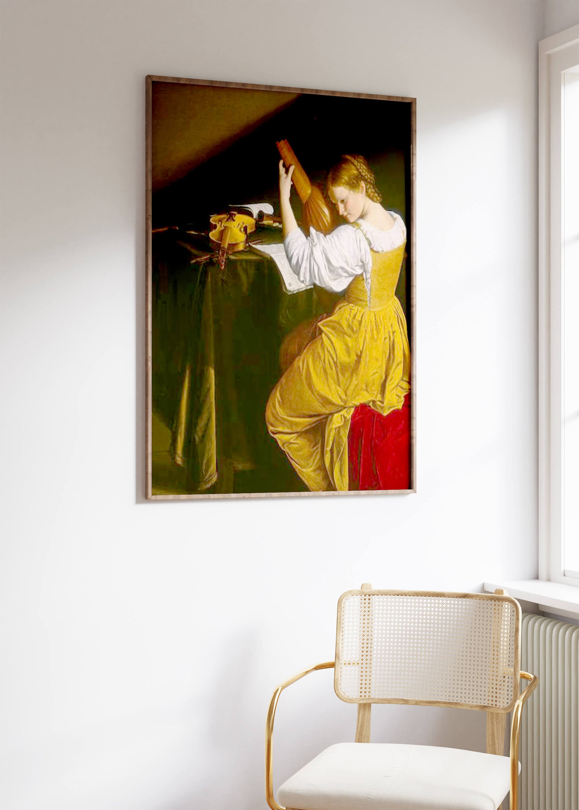 A bright and minimalist interior space with a white wall and a light-colored chair. The poster of "The Lute Player" by Orazio Gentileschi is framed and hung on the wall. Natural light illuminates the scene, highlighting the fine details of the painting. This painting reproduction serves as excellent wall art for a home gallery wall or a serene reading nook.