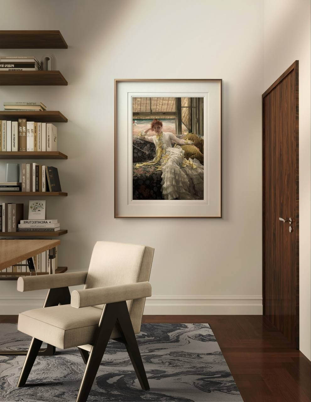 A stylish interior space with a beige chair and an abstract design rug in the foreground. The poster of "Seaside, July" by James Tissot is framed and displayed on the wall, adding a refined touch to the decor. This wall art poster is perfect for home decor, enhancing the elegance of any room with its historical charm.