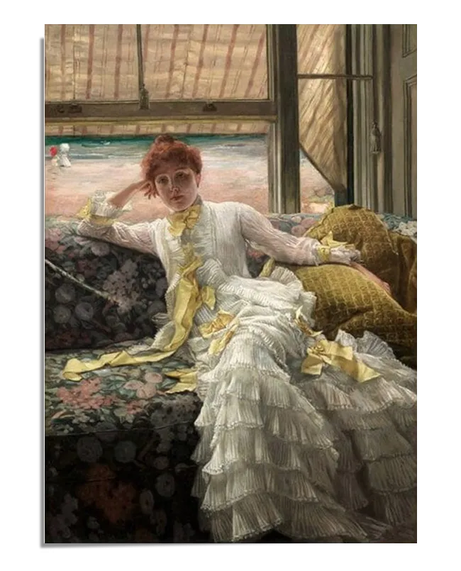 A poster of the artwork "Seaside, July" by James Tissot. This wall art features a woman in a white and yellow dress reclining on a floral-patterned sofa, with a beach scene visible through the window behind her. The painting captures the elegance and leisure of the Victorian era. Perfect for home decor and adding a touch of historical art to your home gallery wall or living space.