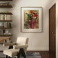 A stylish interior space with a beige chair and an abstract design rug in the foreground. The poster of "A Windy Day" by Gaetano Bellei is framed and displayed on the wall, adding a vibrant touch to the decor. This wall art poster is perfect for home decor, enhancing the liveliness of any room with its depiction of joy and movement.