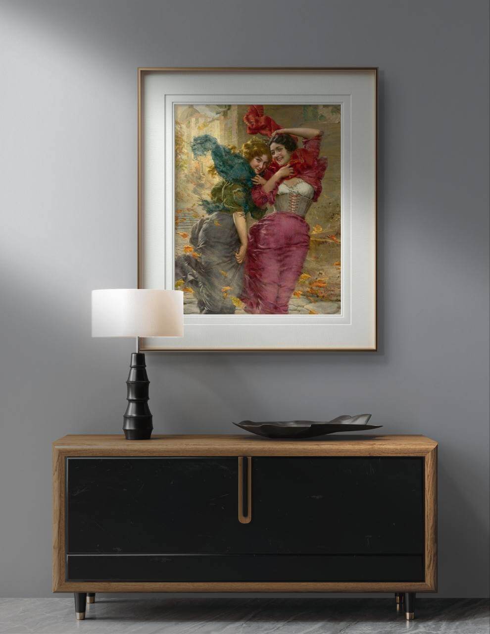 A modern interior setting with a wooden console table, a black table lamp, and a framed poster of "A Windy Day" by Gaetano Bellei hanging above. The wall art adds a dynamic and colorful touch to the room, ideal for home decor and enhancing any living space with classical art that celebrates movement and joy.