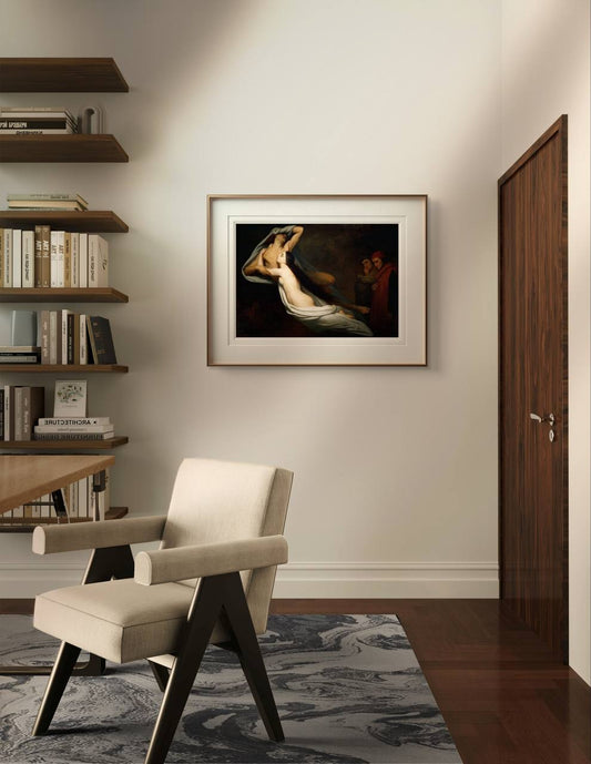 A modern interior space with a wooden console table and a framed poster of "The Ghosts of Paolo and Francesca" by Ary Scheffer. The painting's dark tones and ethereal depiction of the lovers are beautifully displayed, making it a perfect addition to your home gallery wall or living space. This Romantic artwork brings a touch of classical art and emotional depth to your decor.