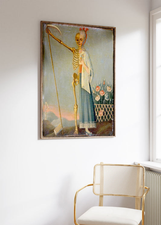 A bright, minimalist interior space with a light-colored chair and a framed poster of "Life and Death: A Study" by the window. The wall art adds a striking contrast to the simple decor, making it perfect for home decor in a modern living space or a unique gallery wall.