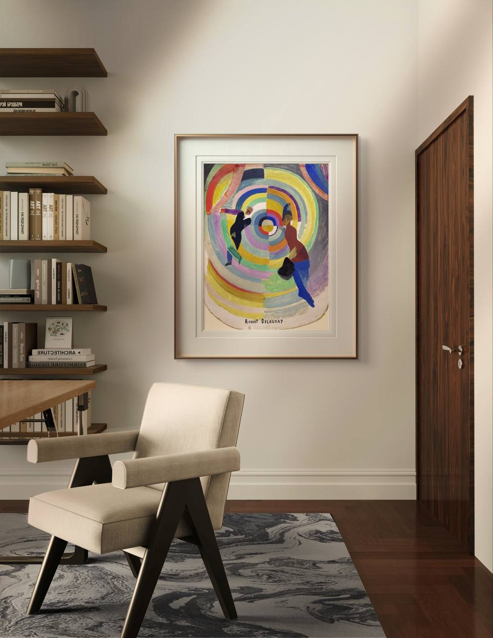 A stylish presentation of "Political Drama" by Robert Delaunay, framed and displayed in a chic, contemporary room. The painting, known for its dynamic composition and vibrant color palette, depicts two abstract figures amidst concentric circles, creating a sense of movement and energy. This art reproduction enhances the aesthetic appeal of your space,