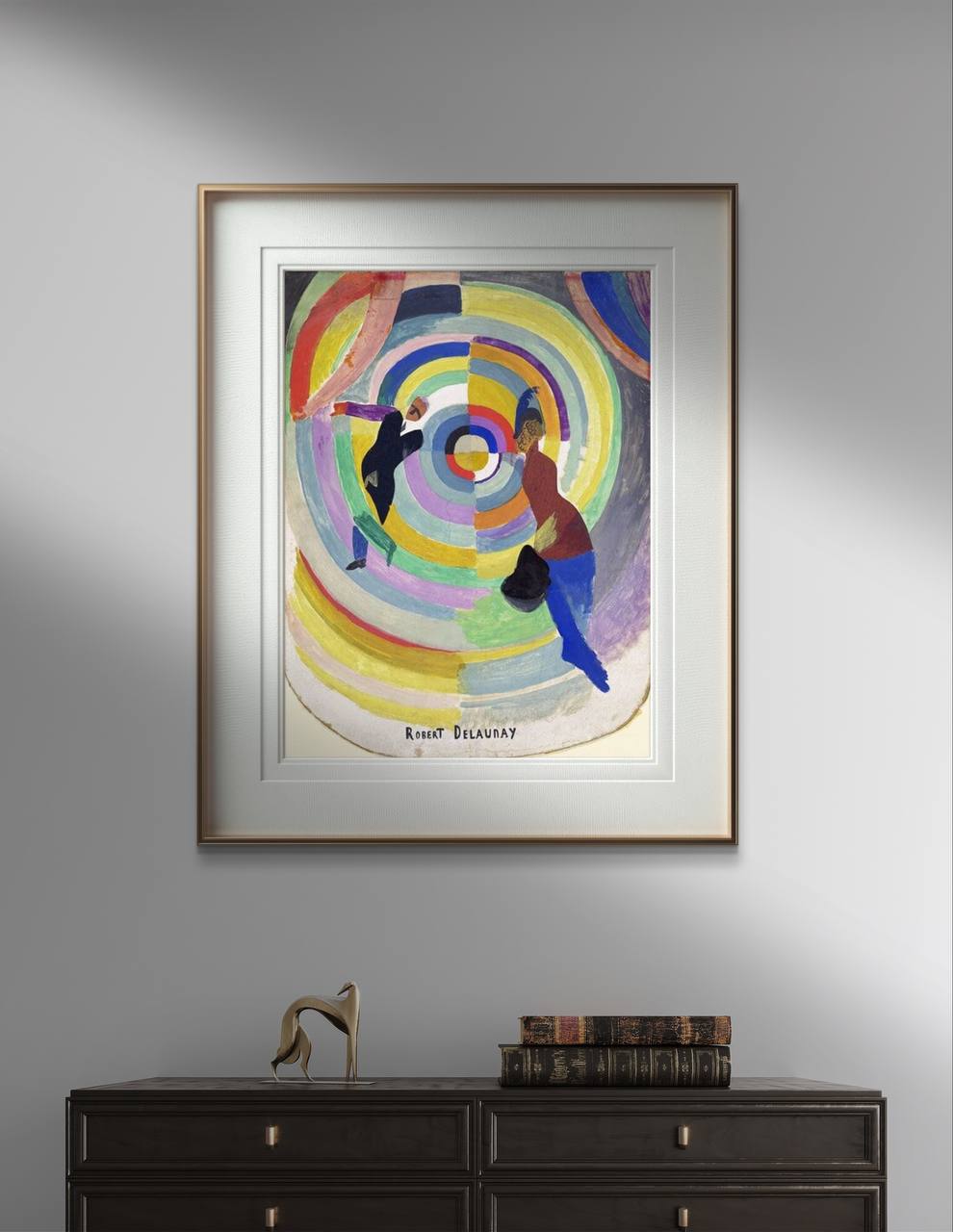 A framed poster print of "Political Drama" by Robert Delaunay displayed in a modern living space. The artwork showcases two abstract figures in motion against a backdrop of swirling concentric circles, using bold and vibrant colors. This art reproduction brings a contemporary and energetic vibe to any room, making it a perfect addition to your home decor. Keywords: Wall Art, home decor, painting, art reproduction, famous artist, Poster, print, Robert Delaunay, Political Drama.