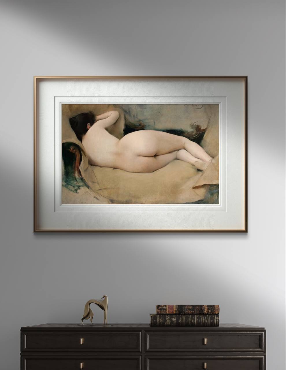 A framed poster print of "Nude Figure Study" by Ramon Casas, elegantly displayed in a modern living area. The artwork features a reclining nude figure with delicate, natural tones and a soft, serene atmosphere. This art reproduction brings a timeless and sophisticated touch to your home decor, making it an excellent choice for art lovers. Keywords: Wall Art, home decor, painting, art reproduction, famous artist, Poster, print, Ramon Casas, Nude Figure Study