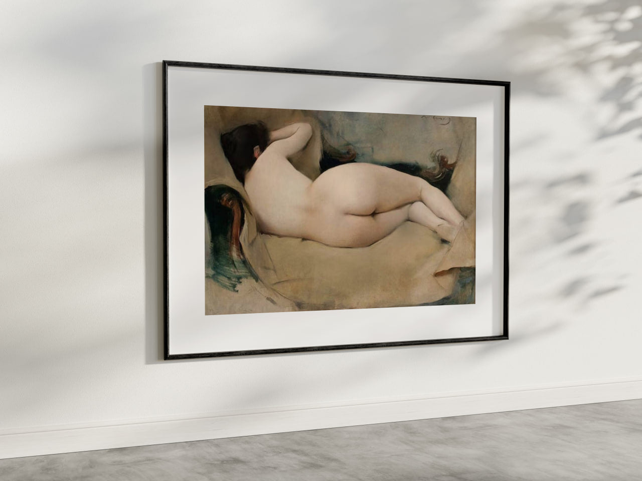 A refined presentation of "Nude Figure Study" by Ramon Casas, framed and displayed in a contemporary room with soft natural light. The painting, with its gentle portrayal of a reclining nude figure, uses a muted color palette to evoke tranquility and grace. This art reproduction enhances the aesthetic appeal of your living space, ideal for those who appreciate classic and serene artworks. 