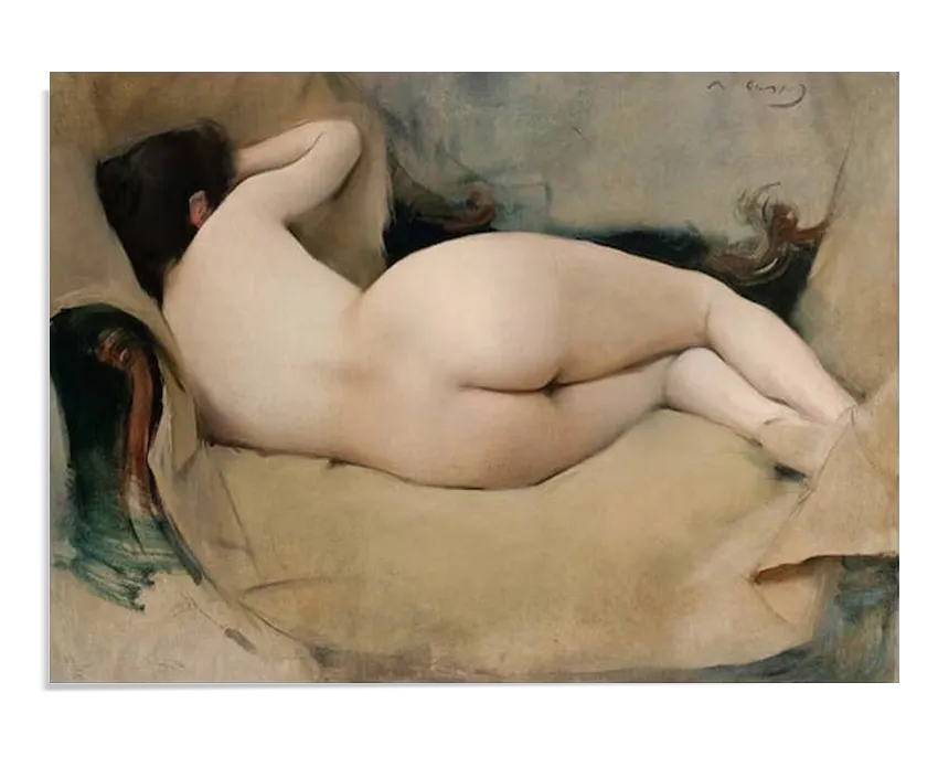 A delicate and evocative reproduction of "Nude Figure Study" by Ramon Casas. This wall art piece depicts a reclining nude figure with soft, natural tones and subtle brushwork, capturing the beauty and serenity of the human form. Ideal for adding a touch of classic elegance to any space, this poster print is perfect for home decor and art enthusiasts. Keywords: Wall Art, home decor, painting, art reproduction, famous artist, Poster, print, Ramon Casas, Nude Figure Study