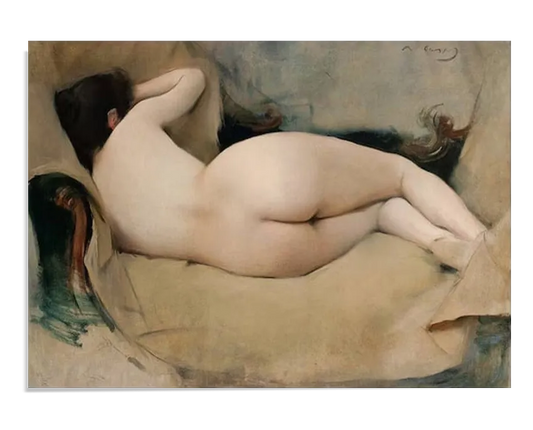 A delicate and evocative reproduction of "Nude Figure Study" by Ramon Casas. This wall art piece depicts a reclining nude figure with soft, natural tones and subtle brushwork, capturing the beauty and serenity of the human form. Ideal for adding a touch of classic elegance to any space, this poster print is perfect for home decor and art enthusiasts. Keywords: Wall Art, home decor, painting, art reproduction, famous artist, Poster, print, Ramon Casas, Nude Figure Study