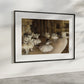 A refined presentation of "The Ballet Rehearsal on Stage" by Edgar Degas, framed and hung in a modern, well-lit room. The painting captures the essence of a ballet rehearsal with its detailed depiction of ballerinas in various poses, using a palette of warm, earthy tones. This art reproduction brings a timeless charm and artistic flair to your living space, perfect for those who appreciate fine art and ballet. 