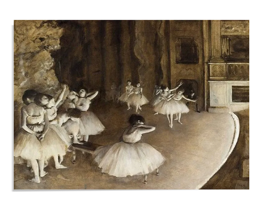 A masterful reproduction of "The Ballet Rehearsal on Stage" by Edgar Degas. This wall art captures a scene of ballerinas rehearsing on stage, rendered with soft, earthy tones and meticulous detail. Ideal for home decor, this poster print brings the elegance and grace of ballet into your living space, making it a perfect addition for art and dance enthusiasts. Keywords: Wall Art, home decor, painting, art reproduction, famous artist, Poster, print, Edgar Degas, The Ballet Rehearsal on Stage.