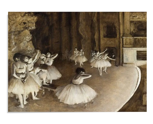 A masterful reproduction of "The Ballet Rehearsal on Stage" by Edgar Degas. This wall art captures a scene of ballerinas rehearsing on stage, rendered with soft, earthy tones and meticulous detail. Ideal for home decor, this poster print brings the elegance and grace of ballet into your living space, making it a perfect addition for art and dance enthusiasts. Keywords: Wall Art, home decor, painting, art reproduction, famous artist, Poster, print, Edgar Degas, The Ballet Rehearsal on Stage.