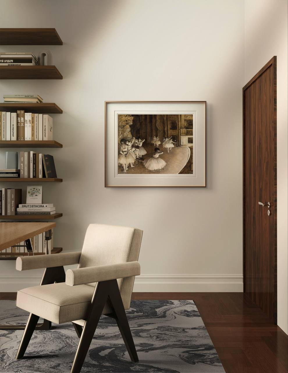 A framed poster print of "The Ballet Rehearsal on Stage" by Edgar Degas, beautifully displayed in a sophisticated interior. The artwork depicts a group of ballerinas practicing on stage, rendered in soft, muted colors and detailed brushwork. This art reproduction adds a touch of classic elegance and cultural refinement to any home decor. Keywords: Wall Art, home decor, painting, art reproduction, famous artist, Poster, print, Edgar Degas, The Ballet Rehearsal on Stage