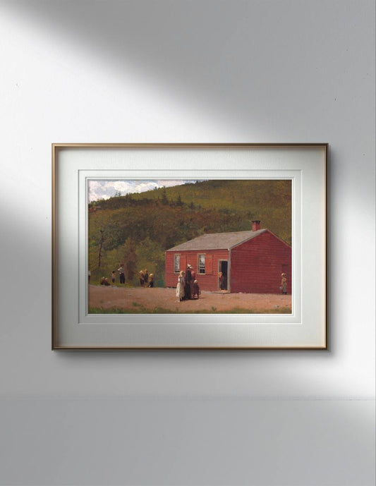 poster of "School Time" by Winslow Homer displayed on a minimalist white wall. The painting features a red schoolhouse with children playing outside, capturing the simplicity and charm of rural life. This reproduction adds a touch of classic Americana to your home decor, ideal for art lovers and collectors. Keywords: Wall Art, home decor, painting, art reproduction, famous artist, Poster, print, Winslow Homer, School Time