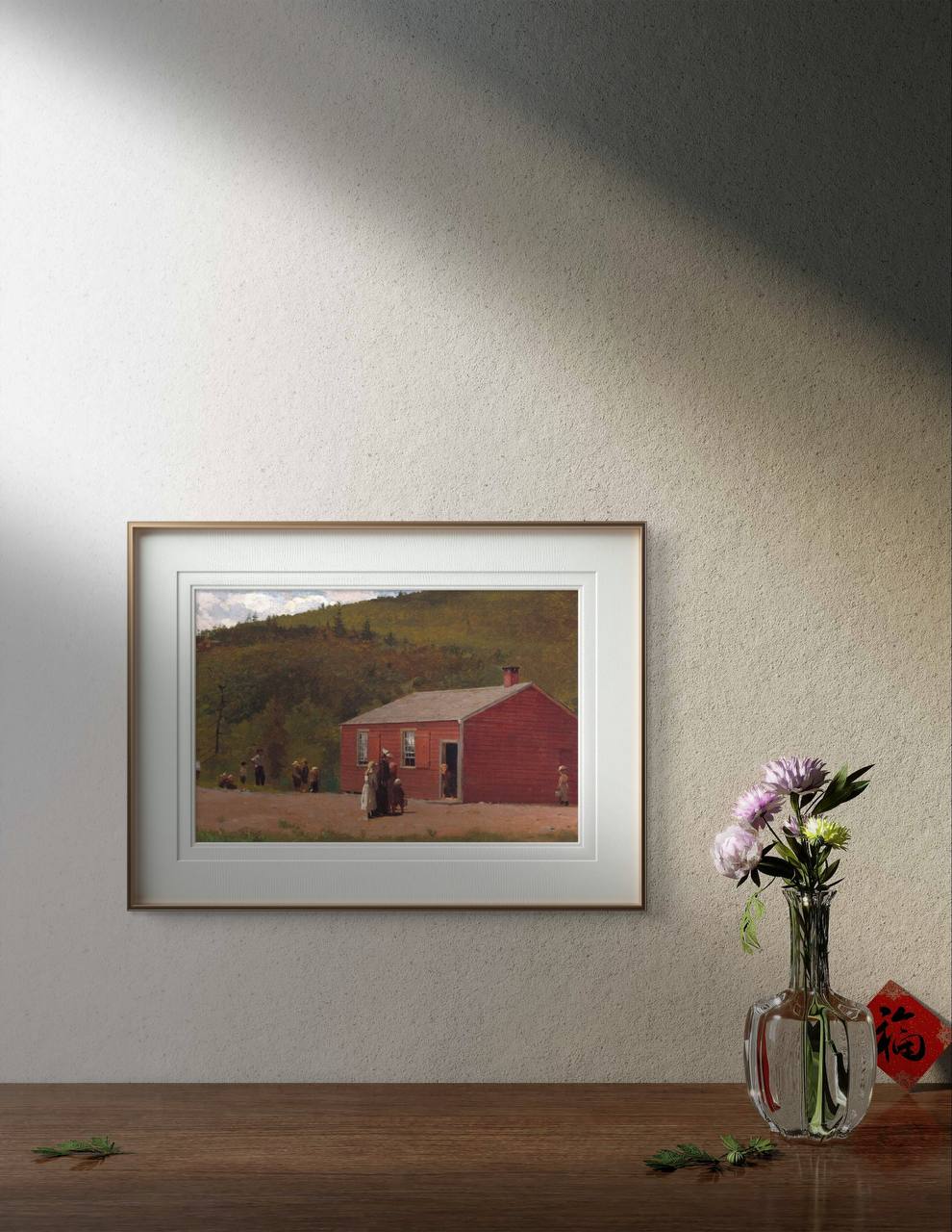 A poster of "School Time" by Winslow Homer, showcased on a textured wall beside a vase with flowers. The artwork depicts a rural school scene with children and a red schoolhouse, set against a backdrop of rolling hills. This art reproduction brings a nostalgic and warm touch to home decor, perfect for creating a cozy and inviting atmosphere. Keywords: Wall Art, home decor, painting, art reproduction, famous artist, Poster, print, Winslow Homer, School Time.