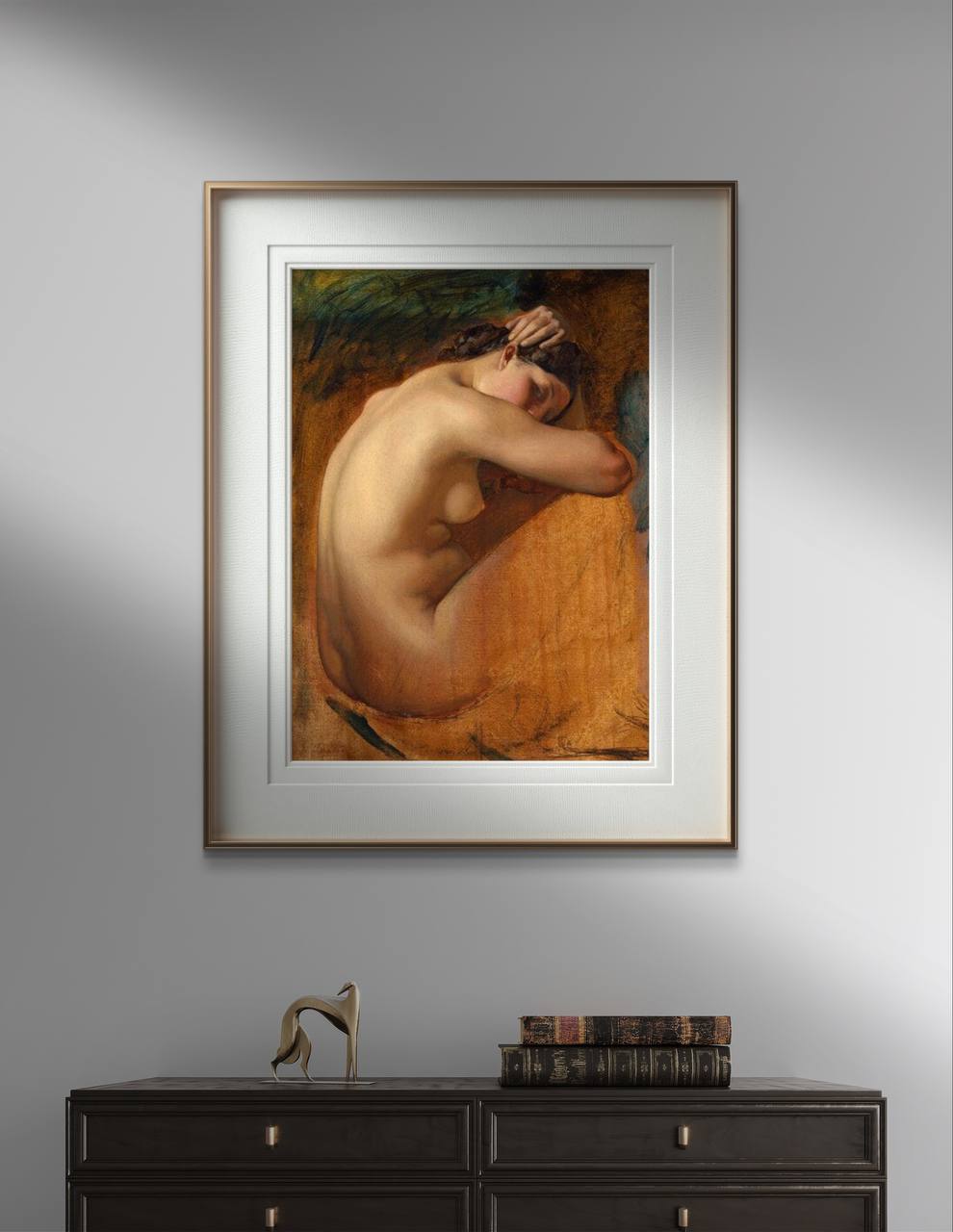 A refined presentation of "Study of a Female Nude" by Henri Lehmann, framed and showcased in a stylish room. The artwork depicts a nude woman with her head resting on her arms, using warm, inviting tones. This reproduction brings a sense of timeless elegance and classical artistry to any living space. Keywords: Wall Art, home decor, painting, art reproduction, famous artist, Poster, print, Henri Lehmann, Study of a Female Nude