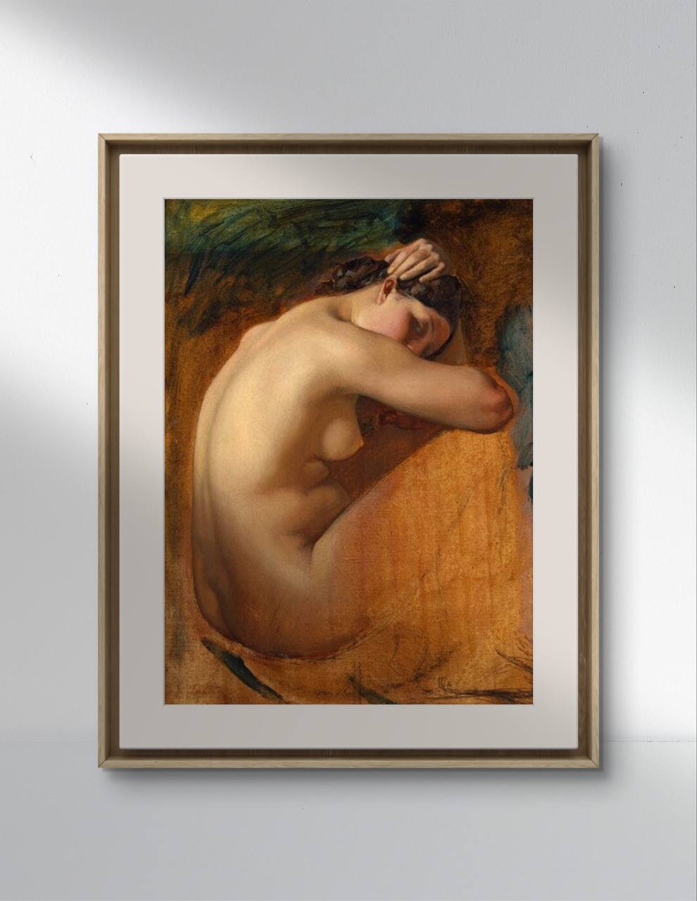 A framed poster of "Study of a Female Nude" by Henri Lehmann, elegantly displayed in a minimalist interior. The painting features a nude woman in a pensive pose with a rich, warm color palette. This art reproduction adds a touch of sophistication and classical beauty to your home decor. Keywords: Wall Art, home decor, painting, art reproduction, famous artist, Poster, print, Henri Lehmann, Study of a Female Nude