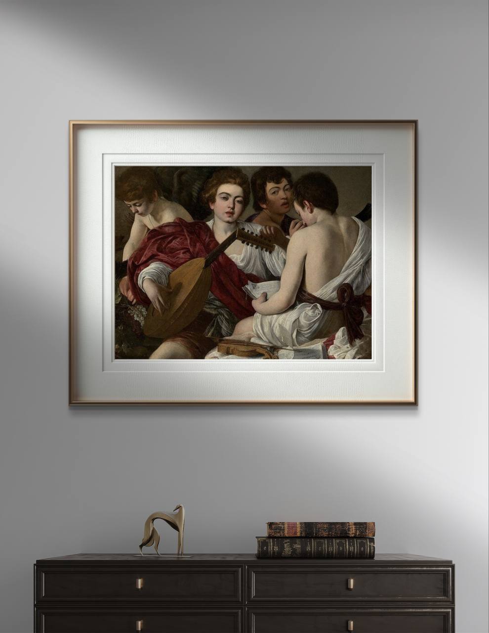 A Caravaggio poster of "The Musicians" by Caravaggio, elegantly displayed in a minimalist setting. The artwork features a group of young musicians, each deeply engaged in their music, highlighted by Caravaggio's masterful use of light and shadow. This reproduction brings a sense of classical beauty and refined art to your home decor. Keywords: Wall Art, home decor, painting, art reproduction, famous artist, Poster, print, Caravaggio, The Musicians.