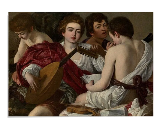 A stylish presentation of "The Musicians" by Caravaggio, framed and showcased in a contemporary room. The painting depicts a group of young musicians, with intricate details and dramatic lighting that exemplify Caravaggio's technique. This art reproduction enhances the aesthetic appeal of any space, perfect for those who appreciate classical masterpieces. Keywords: Wall Art, home decor, painting, art reproduction, famous artist, Poster, print, Caravaggio, The Musicians