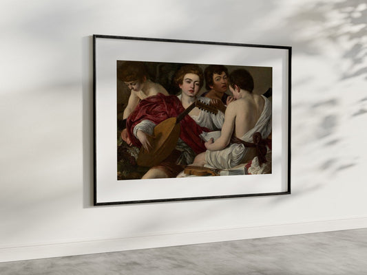The Musicians poster by Caravaggio, displayed in a room with soft natural light. The painting captures a group of young musicians, richly detailed with dramatic use of light and shadow characteristic of Caravaggio's style. This art reproduction adds a touch of classic elegance and artistic sophistication to any home decor. Keywords: Wall Art, home decor, painting, art reproduction, famous artist, Poster, print, Caravaggio, The Musicians