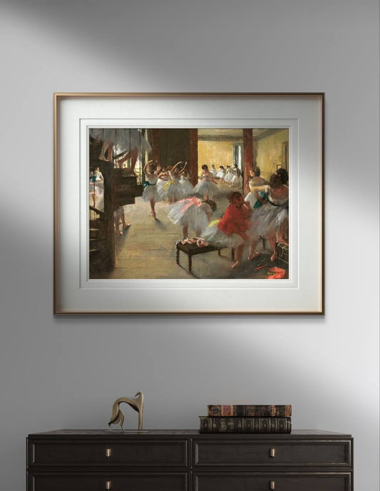 A vibrant reproduction of "The Dance Class" by Edgar Degas, capturing a group of ballerinas in a lively dance studio. The figures, in their white tutus with colorful ribbons, are spread throughout the scene in various practice poses. This poster print is perfect for adding a touch of classic elegance and dynamism to any home decor. Keywords: Wall Art, home decor, painting, art reproduction, famous artist, Poster, print, Edgar Degas, The Dance Class