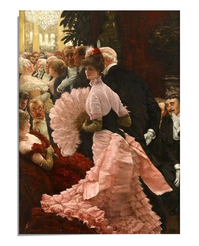 reproduction of "A Political Woman" by James Tissot. This painting captures a woman in a luxurious pink gown with ruffled layers, holding a fan and standing amidst a crowded and elegant social gathering. The main colors are pink, red, black, and gold. Ideal for wall art and home decor, this poster print adds a touch of historical elegance and sophistication to any space. Keywords: Wall Art, home decor, painting, art reproduction, famous artist, Poster, print, James Tissot, A Political Woman