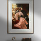 Vintage poster of "A Political Woman" by James Tissot, hung in a modern room with classic decor elements. The artwork features a woman in a pink dress, standing in a crowded and elegant social scene. The main colors are pink, red, black, and gold. This art reproduction brings a touch of elegance and sophistication to any home decor. Keywords: Wall Art, home decor, painting, art reproduction, famous artist, Poster, print, James Tissot, A Political Woman.