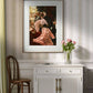Romantic home decor, feminist Art, A stylish presentation of "A Political Woman" by James Tissot, showcased in a chic room with floral accents and soft lighting. The painting depicts a woman in a luxurious pink gown, holding a fan and standing amidst a crowd. This art reproduction adds a sense of historical sophistication and elegance to any living space. Keywords: Wall Art, home decor, painting, art reproduction, famous artist, Poster, print, James Tissot, A Political Woman.