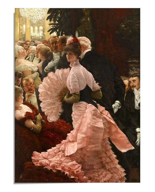 reproduction of "A Political Woman" by James Tissot. This painting captures a woman in a luxurious pink gown with ruffled layers, holding a fan and standing amidst a crowded and elegant social gathering. The main colors are pink, red, black, and gold. Ideal for wall art and home decor, this poster print adds a touch of historical elegance and sophistication to any space. Keywords: Wall Art, home decor, painting, art reproduction, famous artist, Poster, print, James Tissot, A Political Woman