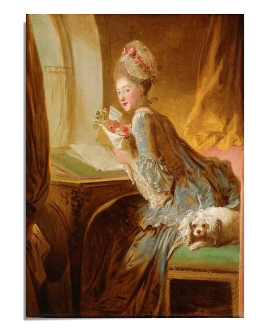 A beautiful reproduction of "The Love Letter" by Jean-Honoré Fragonard, featuring a woman in an elegant blue gown seated by a window with a small dog beside her. The painting is set in a softly lit, warm-toned interior, highlighting the woman's delicate features and the fine details of her dress. Predominant colors are blue, gold, and soft pastels. This poster print is perfect for adding a touch of 18th-century charm and elegance to your home decor. 
