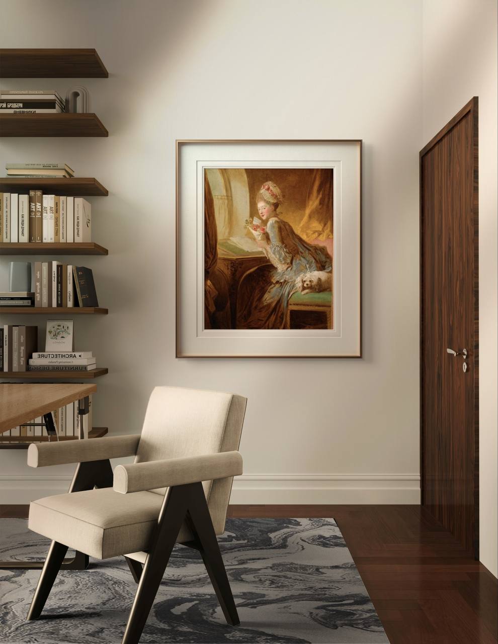 Rococó Art.  The primary colors are orange, gold, and soft pastels, evoking a sense of historical charm and elegance. This poster print is an exquisite addition to any home decor. Keywords: Wall Art, home decor, painting, art reproduction, famous artist, Poster, print, Jean-Honoré Fragonard, The Love Letter.