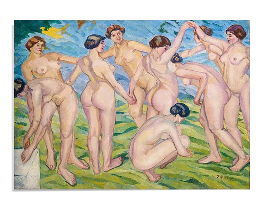 A painting by Francisco Iturrino titled 'Women Dancing in a Ring,' depicting a group of nude women dancing in a circle on a grassy field with a blue sky. The vibrant colors and dynamic composition make this art reproduction perfect for wall art and home decor.