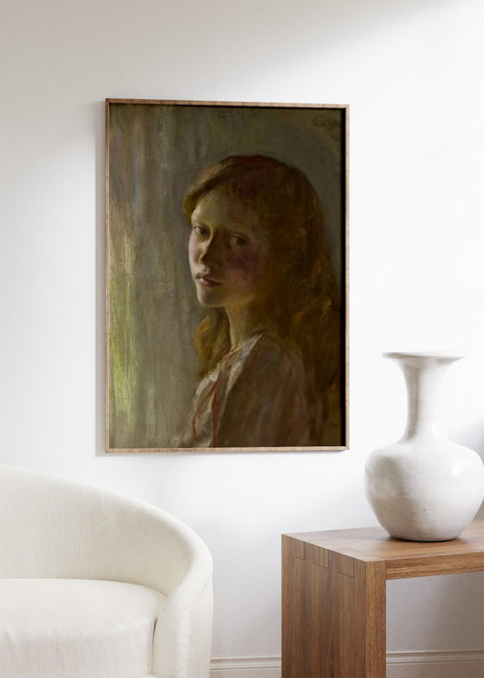 The painting is displayed in a modern interior with a white wall, minimalist decor in contraposition with this vintage piece, enhancing the serene atmosphere of the artwork.