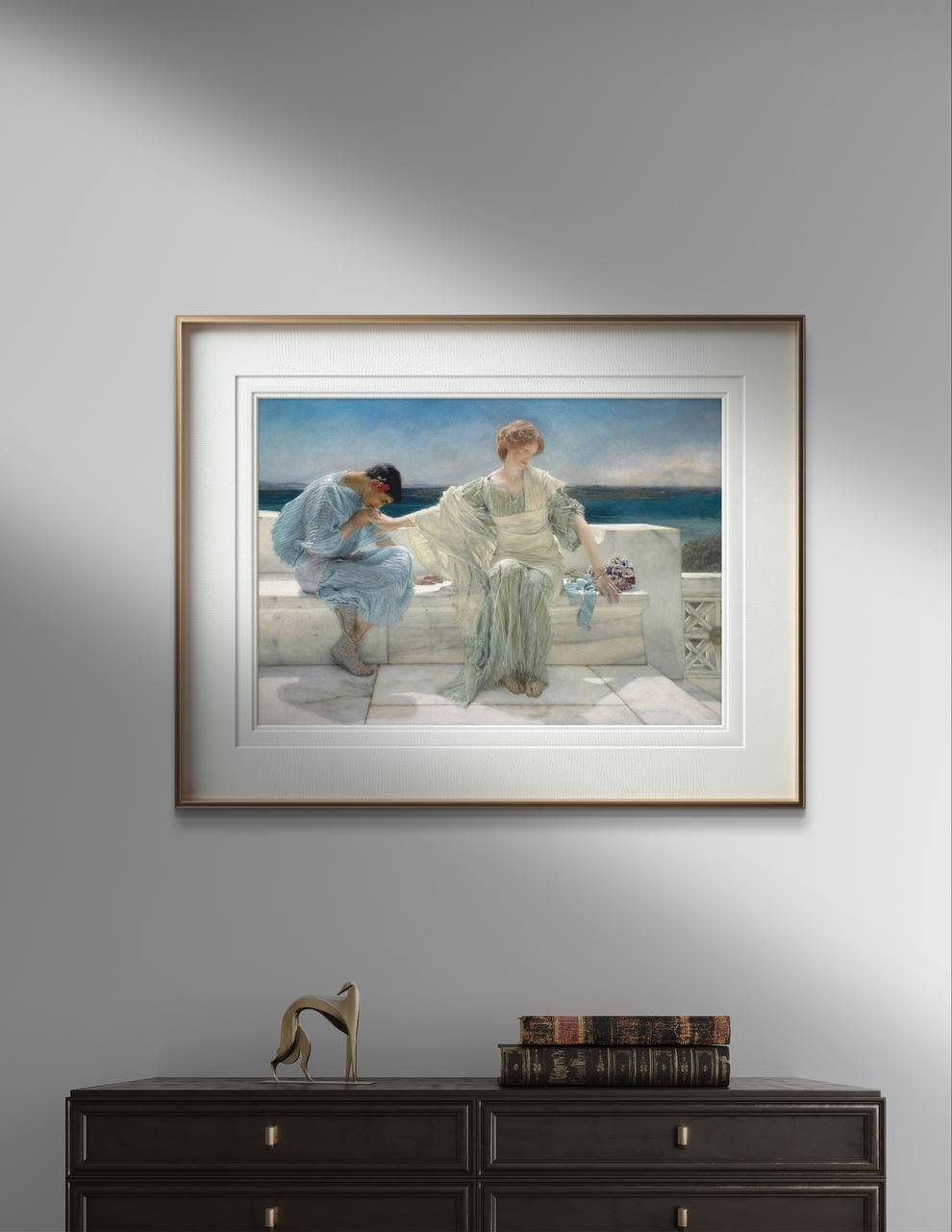  This artwork is displayed in an elegant room with a sleek, dark cabinet and a decorative object, adding a touch of sophistication to the decor.. The painting is displayed in a modern interior with a white wall and sunlight casting gentle shadows, enhancing the serene atmosphere of the artwork.