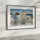  A reproduction of "Ask Me No More" by Alma Tadema. The painting features two women in flowing classical garments on a marble terrace with the sea in the background. The peaceful scene captures a quiet moment between the women. Wall art, home decor, painting, art reproduction, famous artist, poster, print.